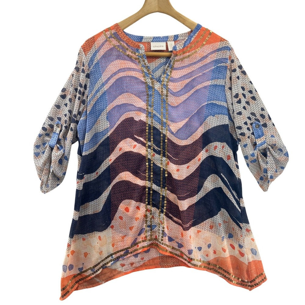 Chicos Womens Tunic Top V Neck Beaded Wavy Pattern 3/4 Sleeve‎ Size 2